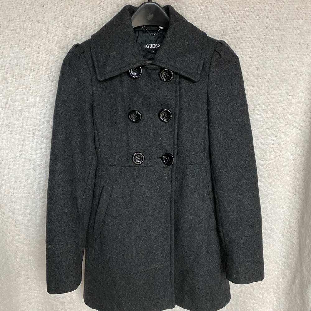 Women’s Guess Wool Blend Trench Coat jacket dark grey gray size s small